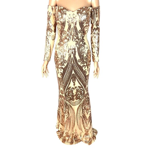 Miss Ord Dresses & Skirts - Miss Ord Gold Sequin Formal Gown Off-Shoulder Long Sleeves & Train Bodycon Small